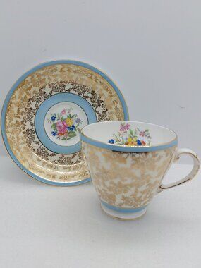 Vintage Royal Grafton Chintz Tea Cup & Saucer Light Blue Trim Floral Design